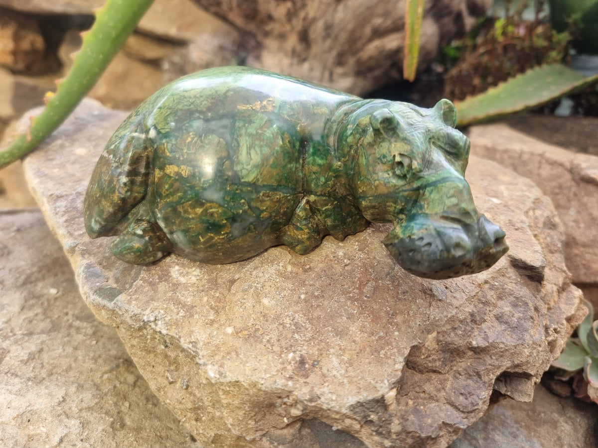 Hand Made Green Verdite Hippo Carvings x 3 From Zimbabwe - Toprock Gemstones and Minerals 