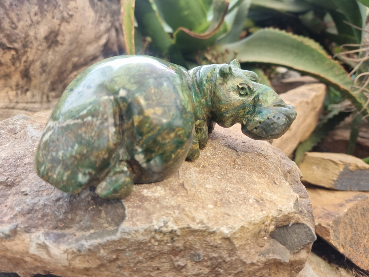 Hand Made Green Verdite Hippo Carvings x 3 From Zimbabwe - Toprock Gemstones and Minerals 