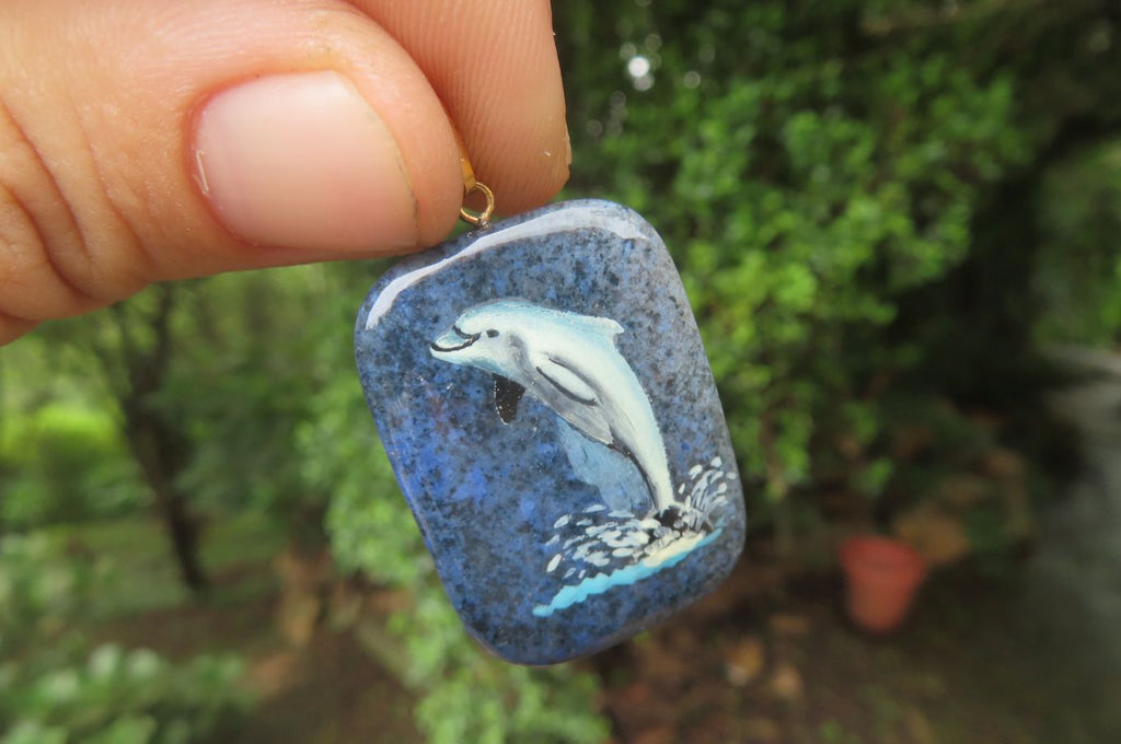 Polished Dumortierite Pendants with Hand Painted Dolphins - sold per item - From Mozambique - Toprock Gemstones and Minerals 