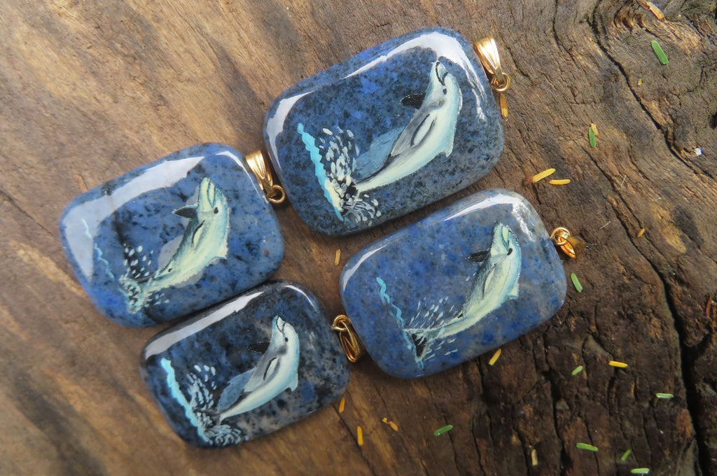 Polished Dumortierite Pendants with Hand Painted Dolphins - sold per item - From Mozambique - Toprock Gemstones and Minerals 