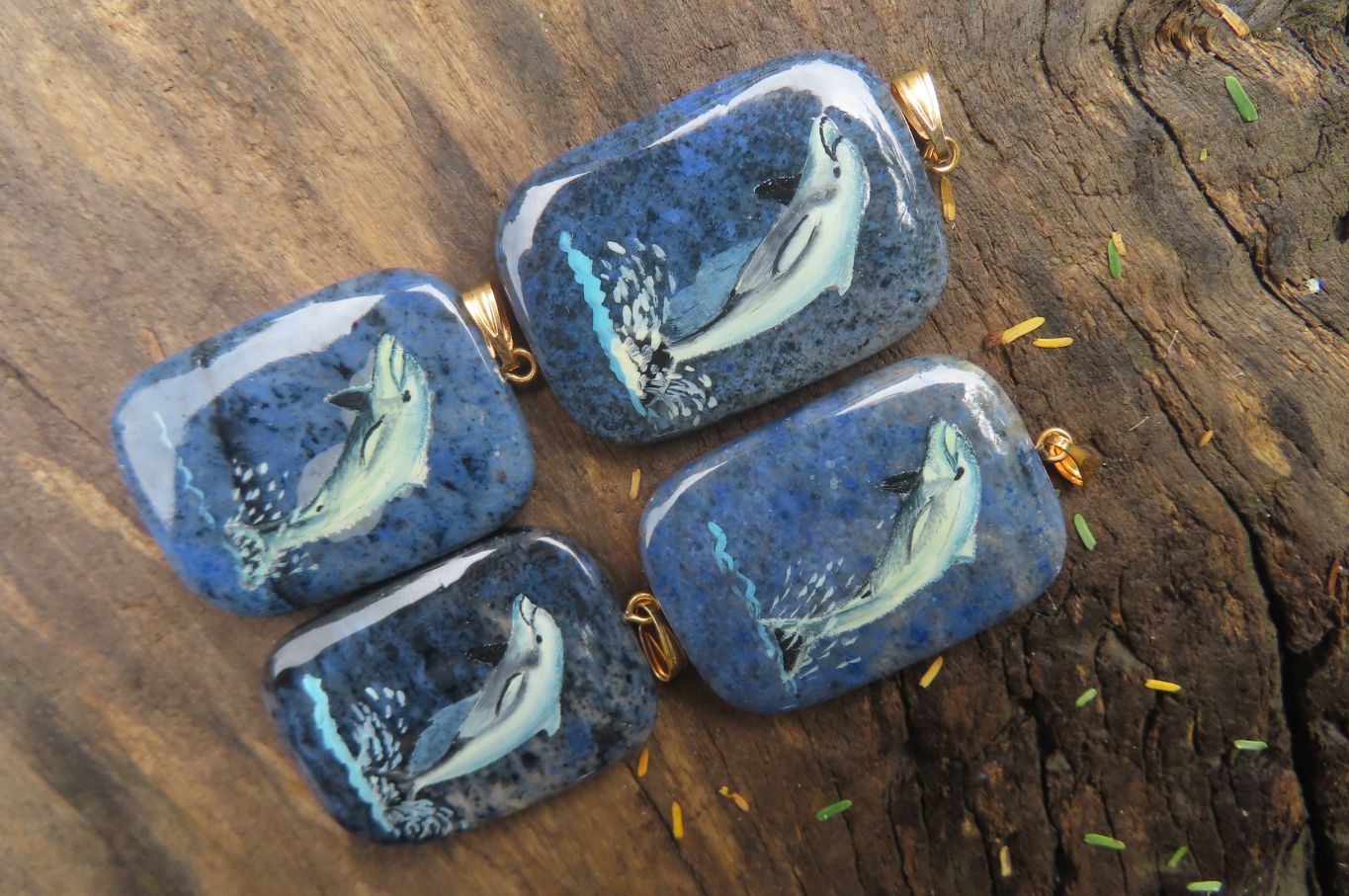 Polished Dumortierite Pendants with Hand Painted Dolphins - sold per item - From Mozambique - Toprock Gemstones and Minerals 