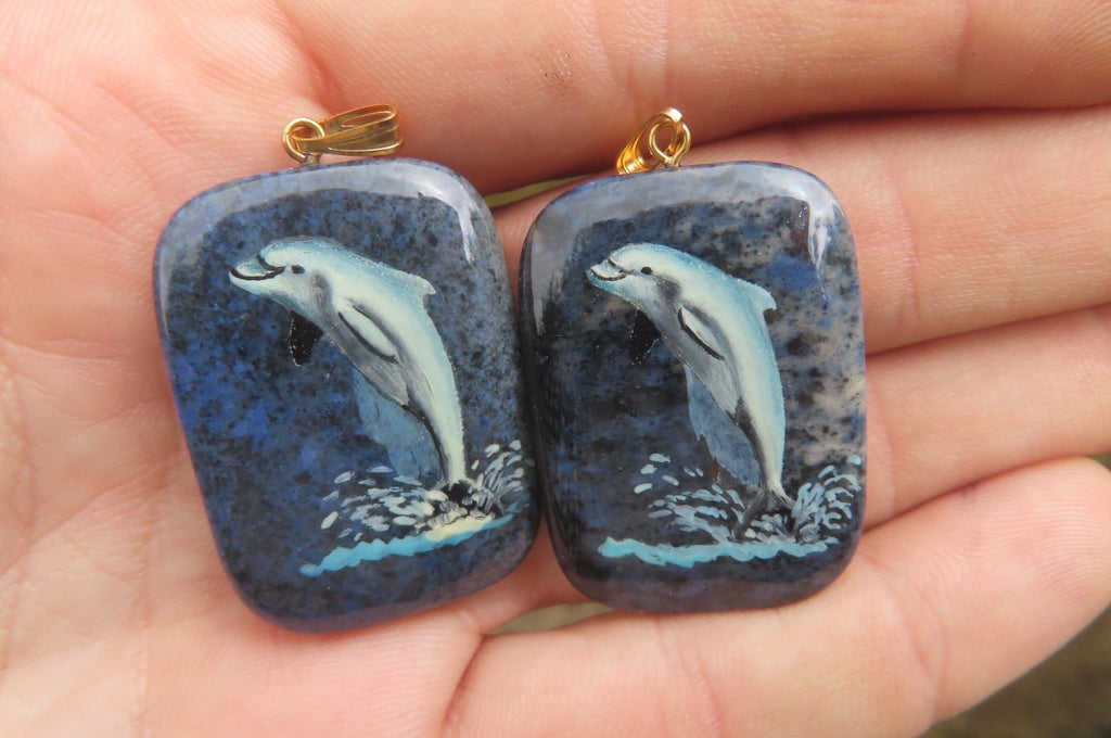 Polished Dumortierite Pendants with Hand Painted Dolphins - sold per item - From Mozambique - Toprock Gemstones and Minerals 