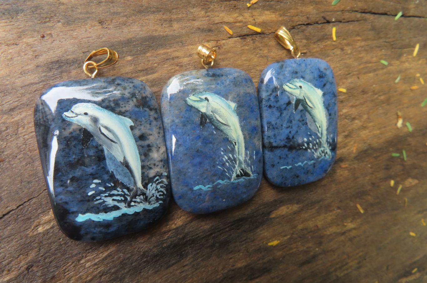 Polished Dumortierite Pendants with Hand Painted Dolphins - sold per item - From Mozambique - Toprock Gemstones and Minerals 