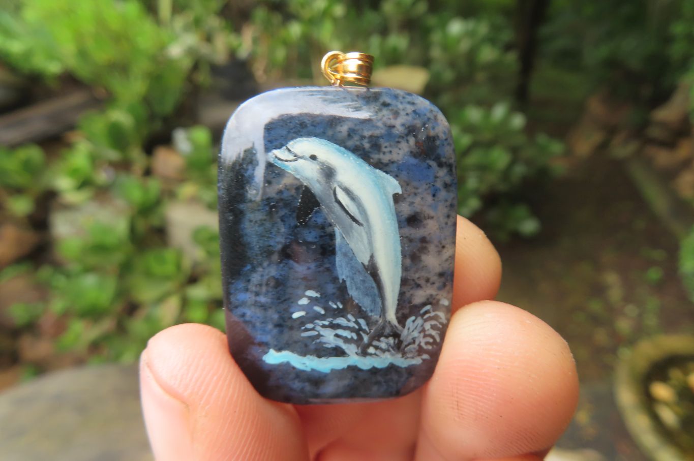 Polished Dumortierite Pendants with Hand Painted Dolphins - sold per item - From Mozambique - Toprock Gemstones and Minerals 