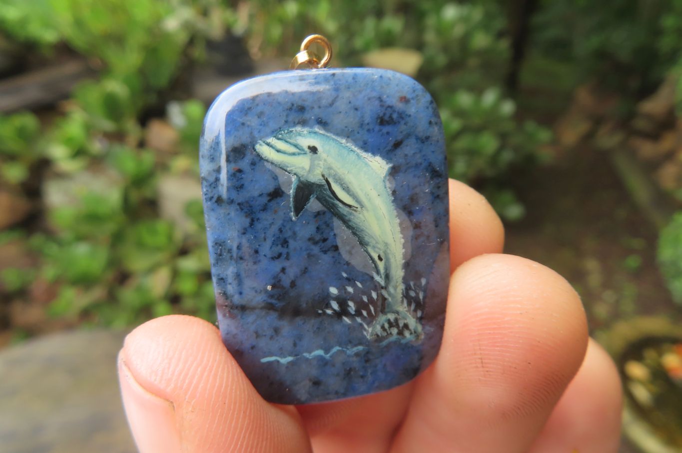 Polished Dumortierite Pendants with Hand Painted Dolphins - sold per item - From Mozambique - Toprock Gemstones and Minerals 