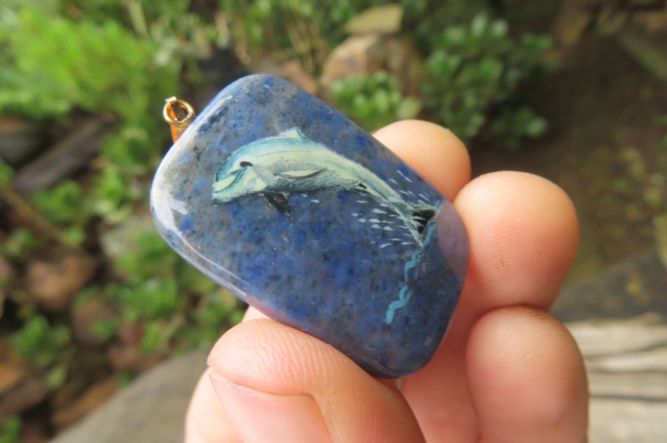 Polished Dumortierite Pendants with Hand Painted Dolphins - sold per item - From Mozambique - Toprock Gemstones and Minerals 