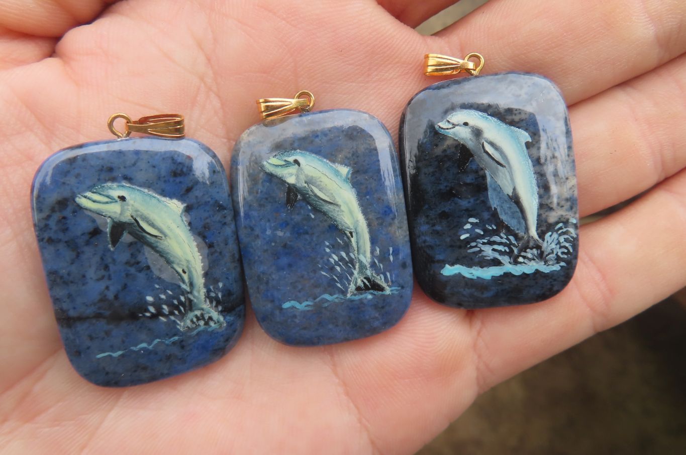 Polished Dumortierite Pendants with Hand Painted Dolphins - sold per item - From Mozambique - Toprock Gemstones and Minerals 