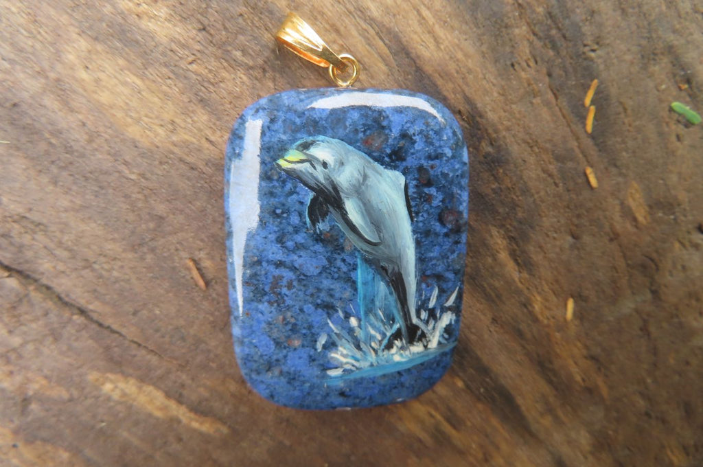 Polished Dumortierite Pendants with Hand Painted Dolphins - sold per item - From Mozambique - Toprock Gemstones and Minerals 