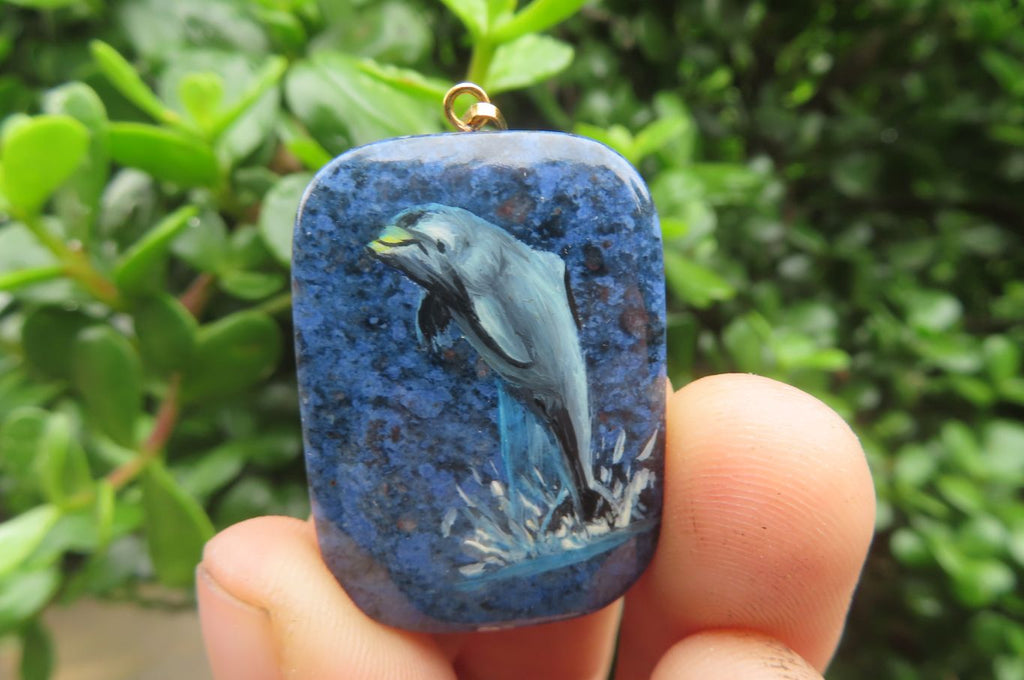 Polished Dumortierite Pendants with Hand Painted Dolphins - sold per item - From Mozambique - Toprock Gemstones and Minerals 