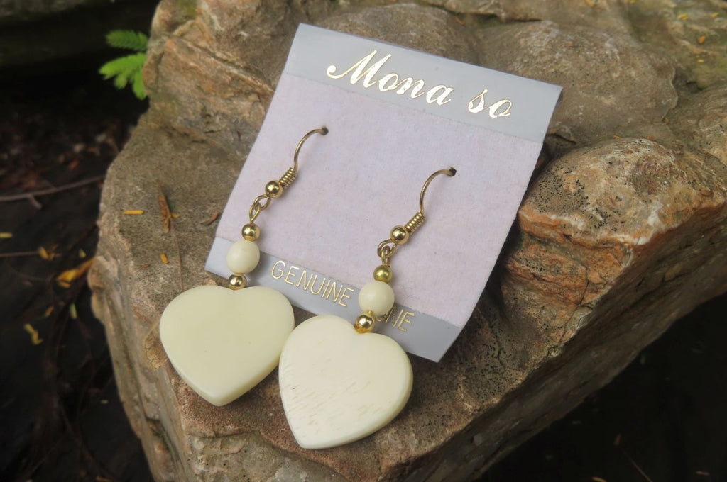 Polished White Onyx Heart and Bead Earrings - Sold per Pair - From Swaziland - Toprock Gemstones and Minerals 