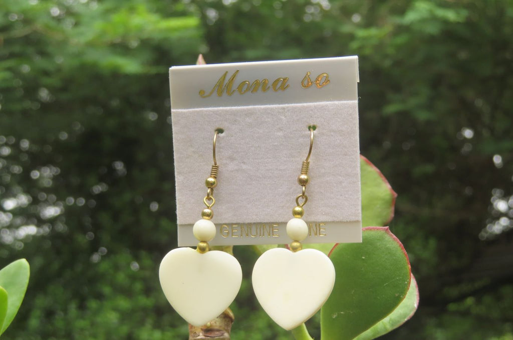 Polished White Onyx Heart and Bead Earrings - Sold per Pair - From Swaziland - Toprock Gemstones and Minerals 