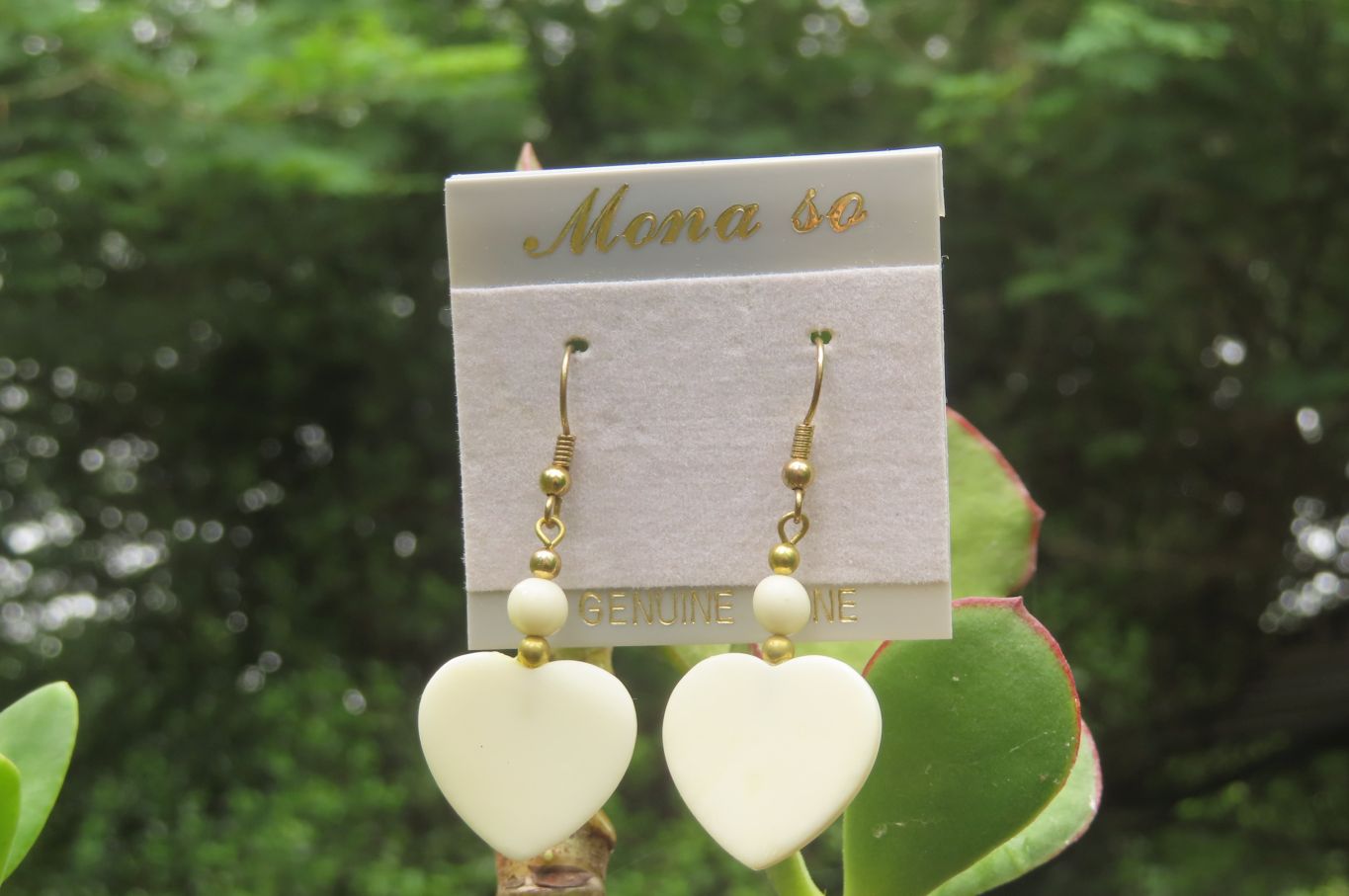 Polished White Onyx Heart and Bead Earrings - Sold per Pair - From Swaziland - Toprock Gemstones and Minerals 
