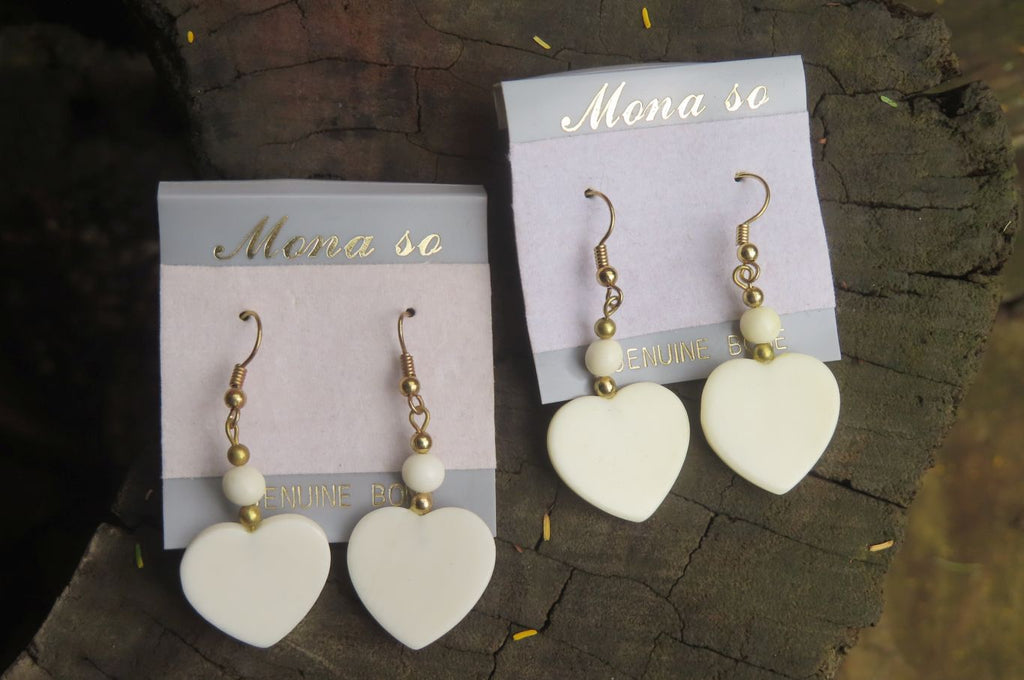 Polished White Onyx Heart and Bead Earrings - Sold per Pair - From Swaziland - Toprock Gemstones and Minerals 