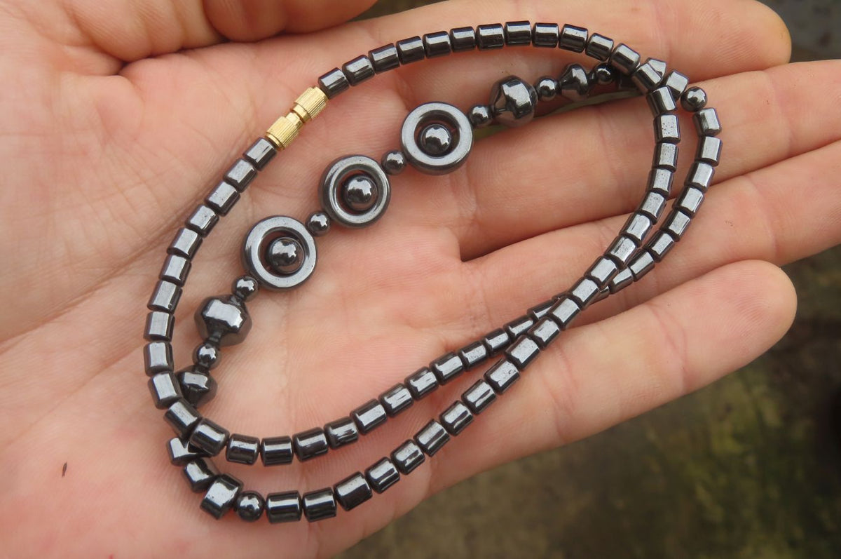 Polished Hematite Beaded Choker Necklace with Donut Centered Beads  - Sold Per Item - From Southern Africa - Toprock Gemstones and Minerals 