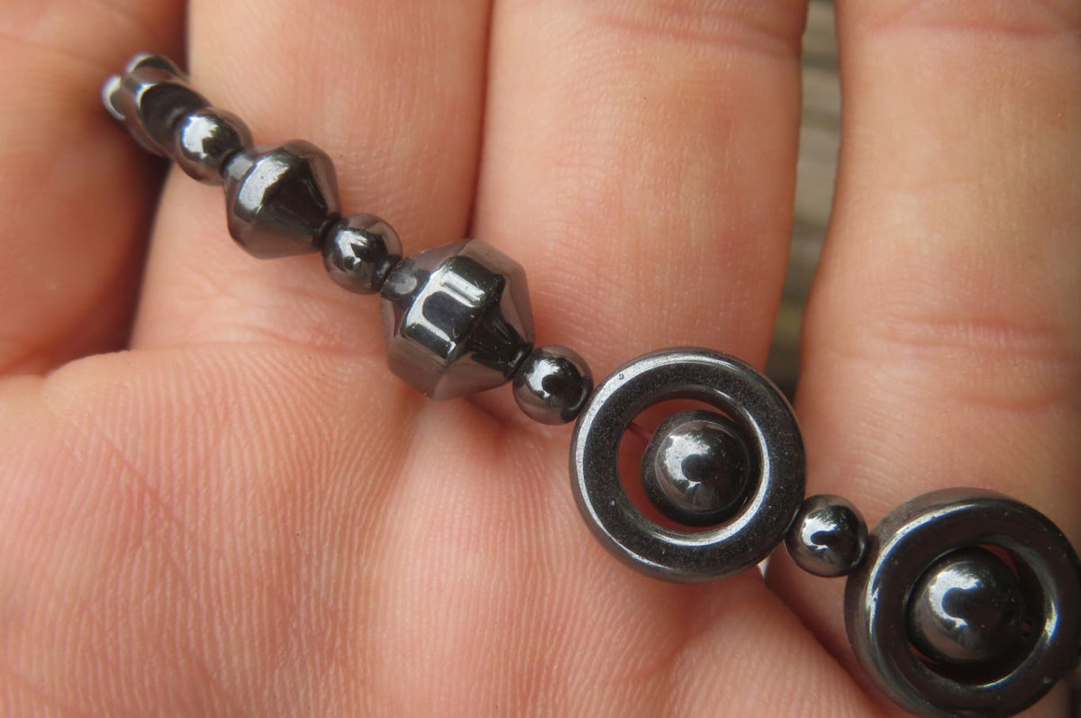 Polished Hematite Beaded Choker Necklace with Donut Centered Beads  - Sold Per Item - From Southern Africa - Toprock Gemstones and Minerals 