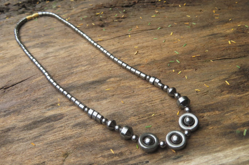 Polished Hematite Beaded Choker Necklace with Donut Centered Beads  - Sold Per Item - From Southern Africa - Toprock Gemstones and Minerals 