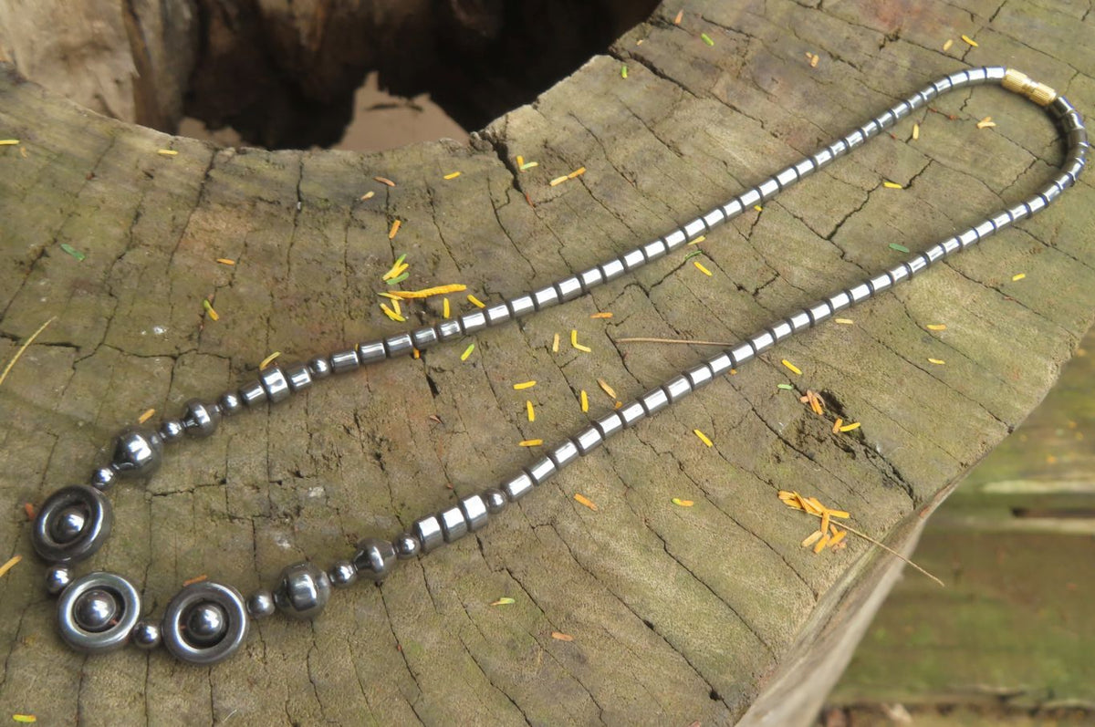 Polished Hematite Beaded Choker Necklace with Donut Centered Beads  - Sold Per Item - From Southern Africa - Toprock Gemstones and Minerals 