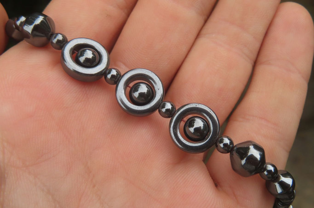 Polished Hematite Beaded Choker Necklace with Donut Centered Beads  - Sold Per Item - From Southern Africa - Toprock Gemstones and Minerals 