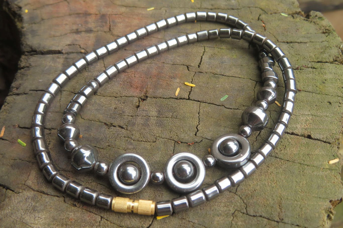 Polished Hematite Beaded Choker Necklace with Donut Centered Beads  - Sold Per Item - From Southern Africa - Toprock Gemstones and Minerals 