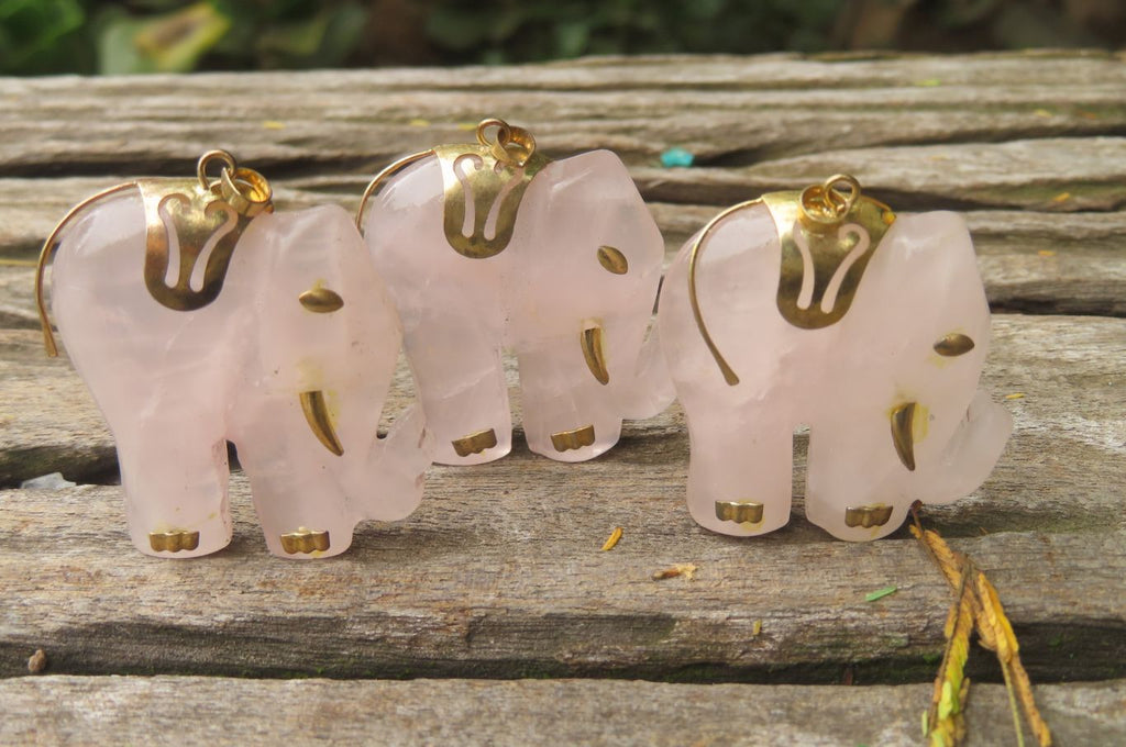 Polished Pink Rose Quartz Elephant Pendant with Gold Bail and Trim- Sold per Item - From Madagascar - Toprock Gemstones and Minerals 