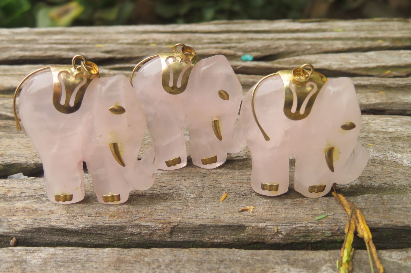 Polished Pink Rose Quartz Elephant Pendant with Gold Bail and Trim- Sold per Item - From Madagascar - Toprock Gemstones and Minerals 
