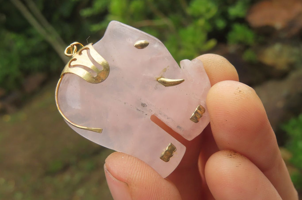 Polished Pink Rose Quartz Elephant Pendant with Gold Bail and Trim- Sold per Item - From Madagascar - Toprock Gemstones and Minerals 