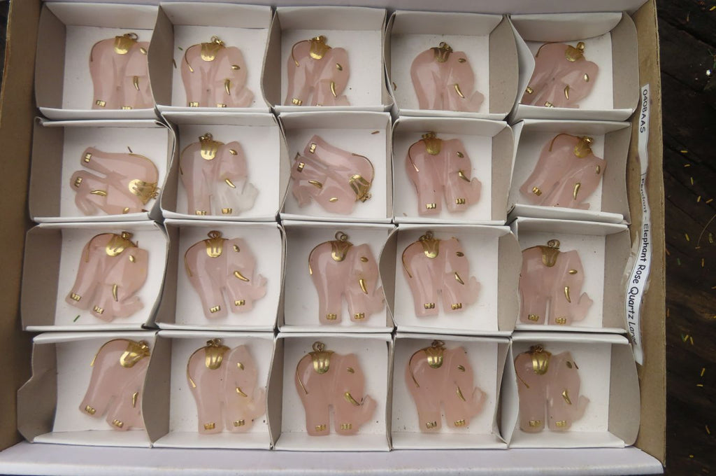 Polished Pink Rose Quartz Elephant Pendant with Gold Bail and Trim- Sold per Item - From Madagascar - Toprock Gemstones and Minerals 