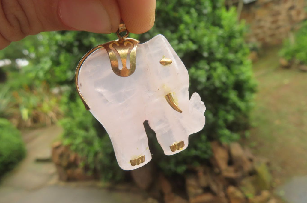 Polished Pink Rose Quartz Elephant Pendant with Gold Bail and Trim- Sold per Item - From Madagascar - Toprock Gemstones and Minerals 