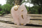 Polished Pink Rose Quartz Elephant Pendant with Gold Bail and Trim- Sold per Item - From Madagascar - Toprock Gemstones and Minerals 