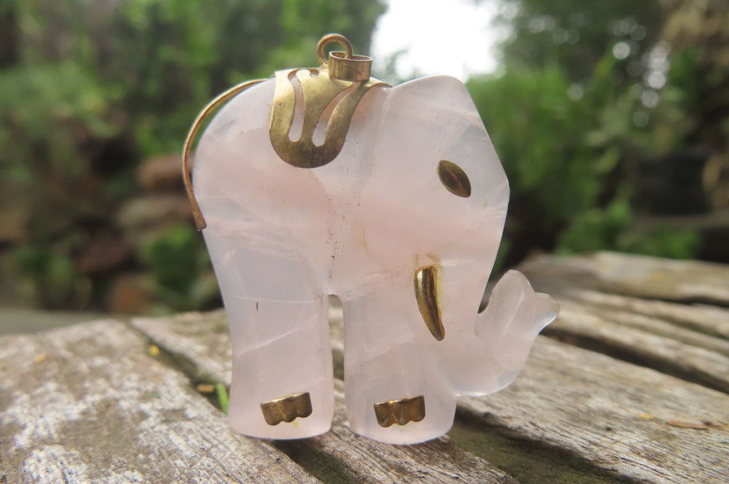 Polished Pink Rose Quartz Elephant Pendant with Gold Bail and Trim- Sold per Item - From Madagascar - Toprock Gemstones and Minerals 