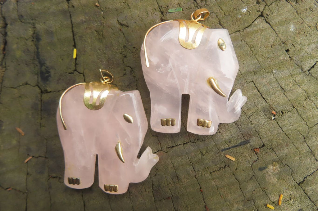 Polished Pink Rose Quartz Elephant Pendant with Gold Bail and Trim- Sold per Item - From Madagascar - Toprock Gemstones and Minerals 