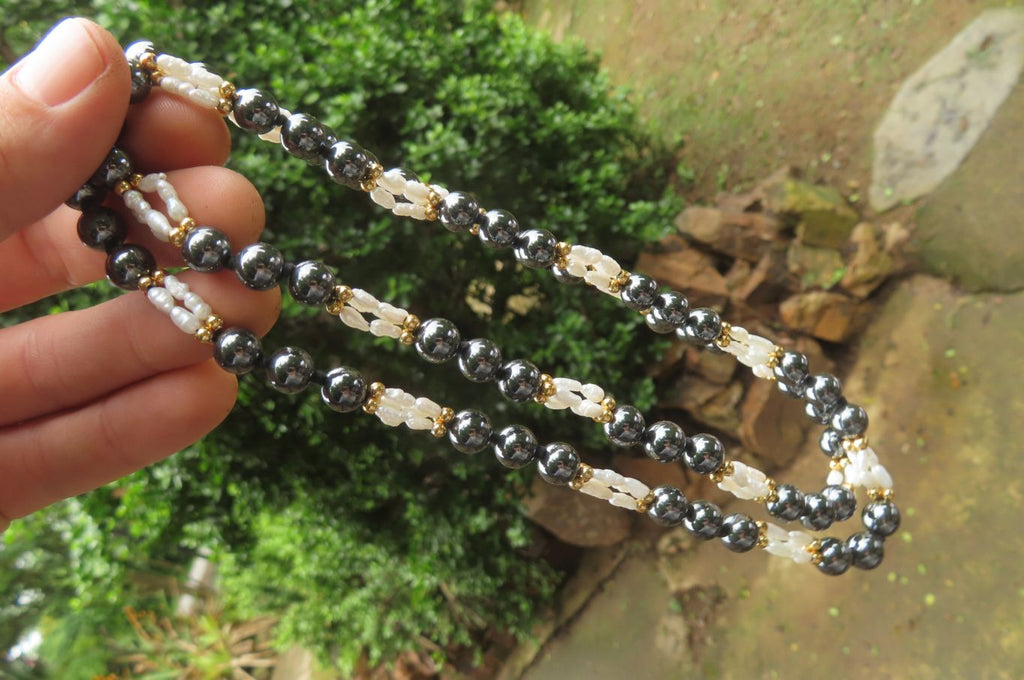 Polished Hematite and Freshwater Pearl Beaded Necklace - Sold Per Item - From Southern Africa - Toprock Gemstones and Minerals 