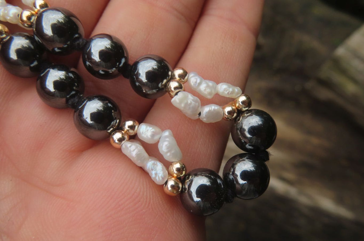 Polished Hematite and Freshwater Pearl Beaded Necklace - Sold Per Item - From Southern Africa - Toprock Gemstones and Minerals 