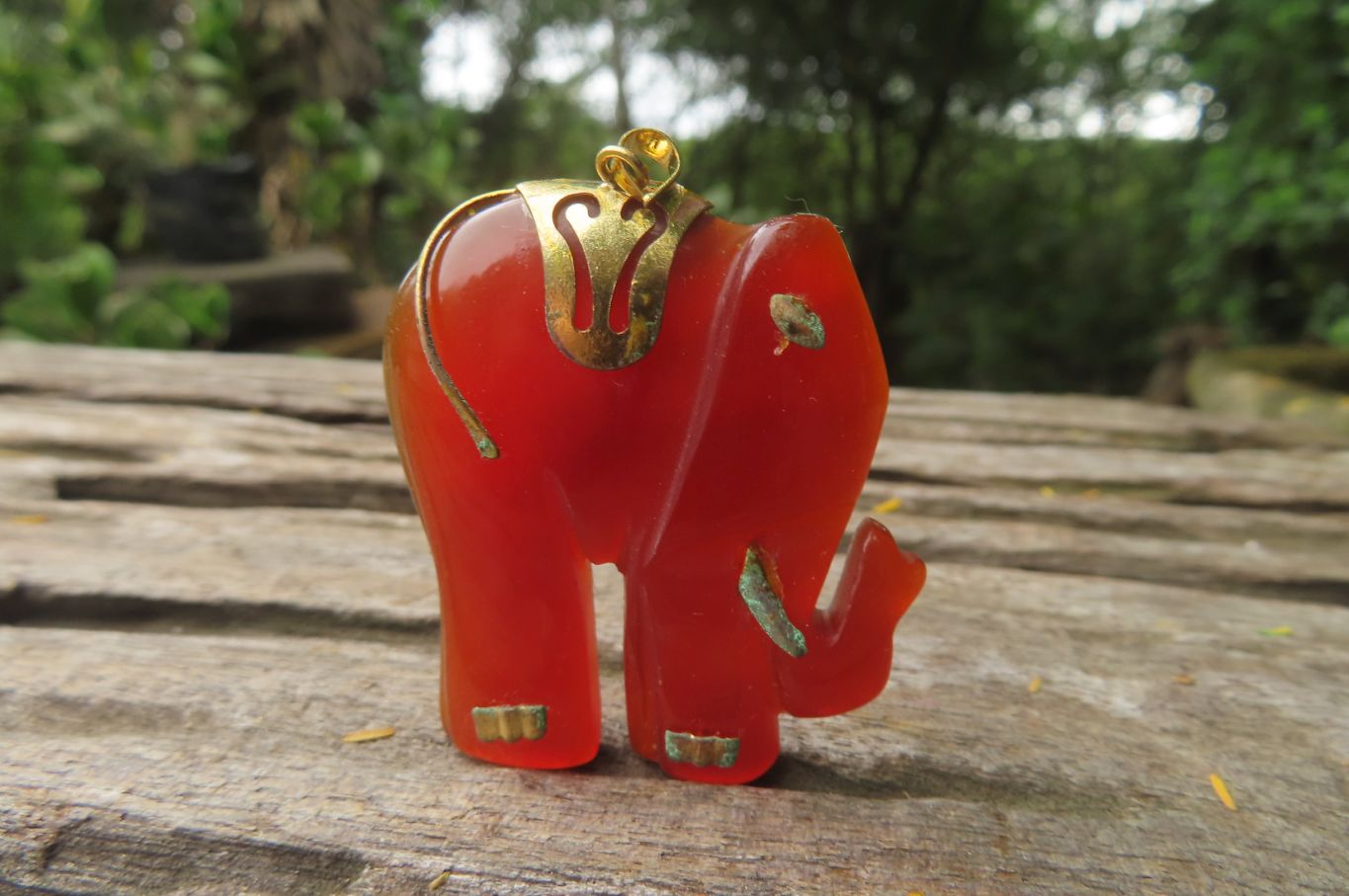 Polished Carnelian Agate Elephant Pendant with Gold Bail and Trim - Sold per Item - From Brazil - Toprock Gemstones and Minerals 