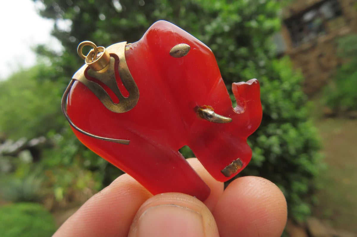 Polished Carnelian Agate Elephant Pendant with Gold Bail and Trim - Sold per Item - From Brazil - Toprock Gemstones and Minerals 