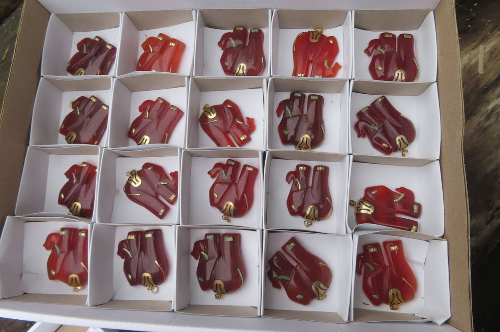 Polished Carnelian Agate Elephant Pendant with Gold Bail and Trim - Sold per Item - From Brazil - Toprock Gemstones and Minerals 