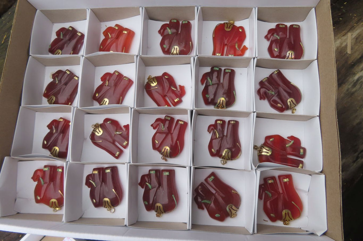 Polished Carnelian Agate Elephant Pendant with Gold Bail and Trim - Sold per Item - From Brazil - Toprock Gemstones and Minerals 