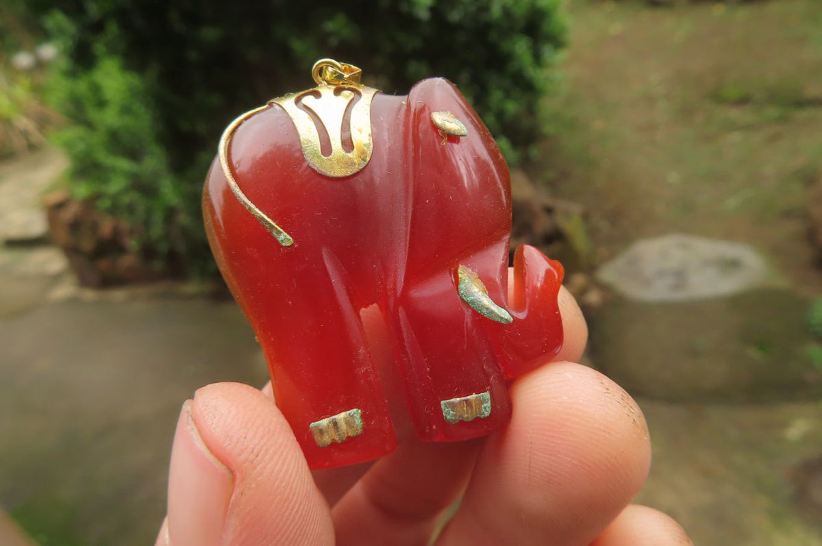 Polished Carnelian Agate Elephant Pendant with Gold Bail and Trim - Sold per Item - From Brazil - Toprock Gemstones and Minerals 
