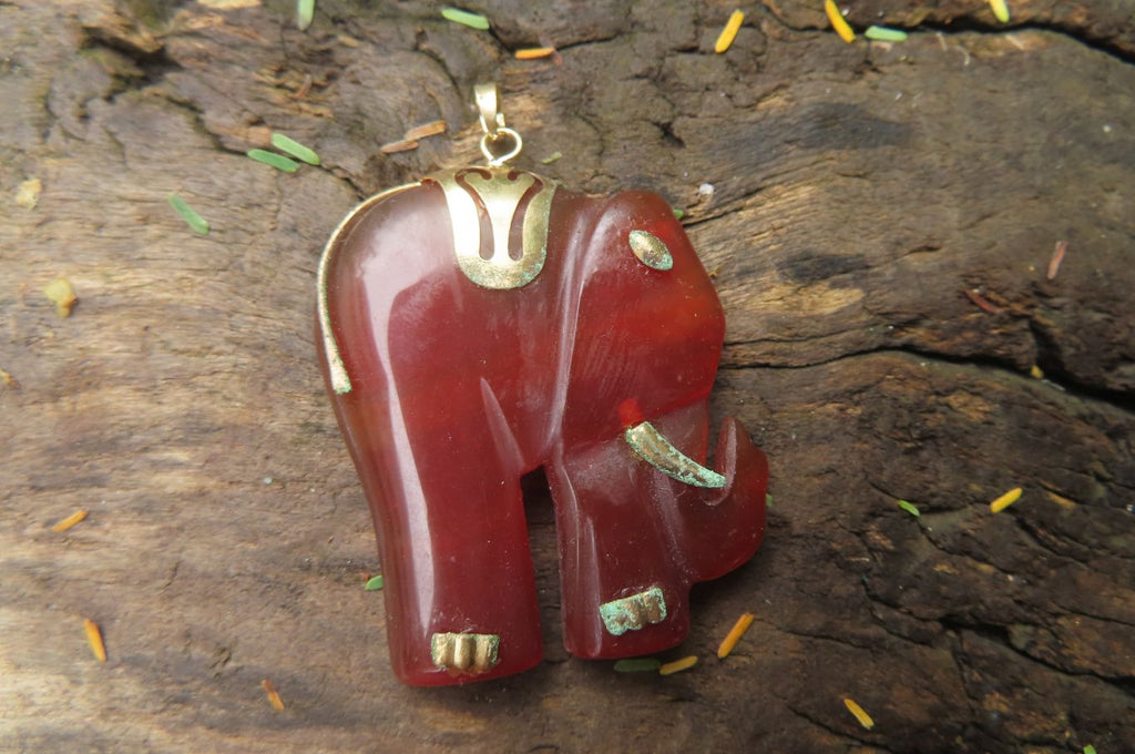 Polished Carnelian Agate Elephant Pendant with Gold Bail and Trim - Sold per Item - From Brazil - Toprock Gemstones and Minerals 