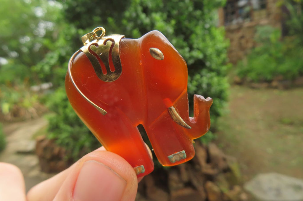 Polished Carnelian Agate Elephant Pendant with Gold Bail and Trim - Sold per Item - From Brazil - Toprock Gemstones and Minerals 