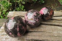 Polished Rhodonite Spheres x 3 From Ambindavato, Madagascar - Toprock Gemstones and Minerals 