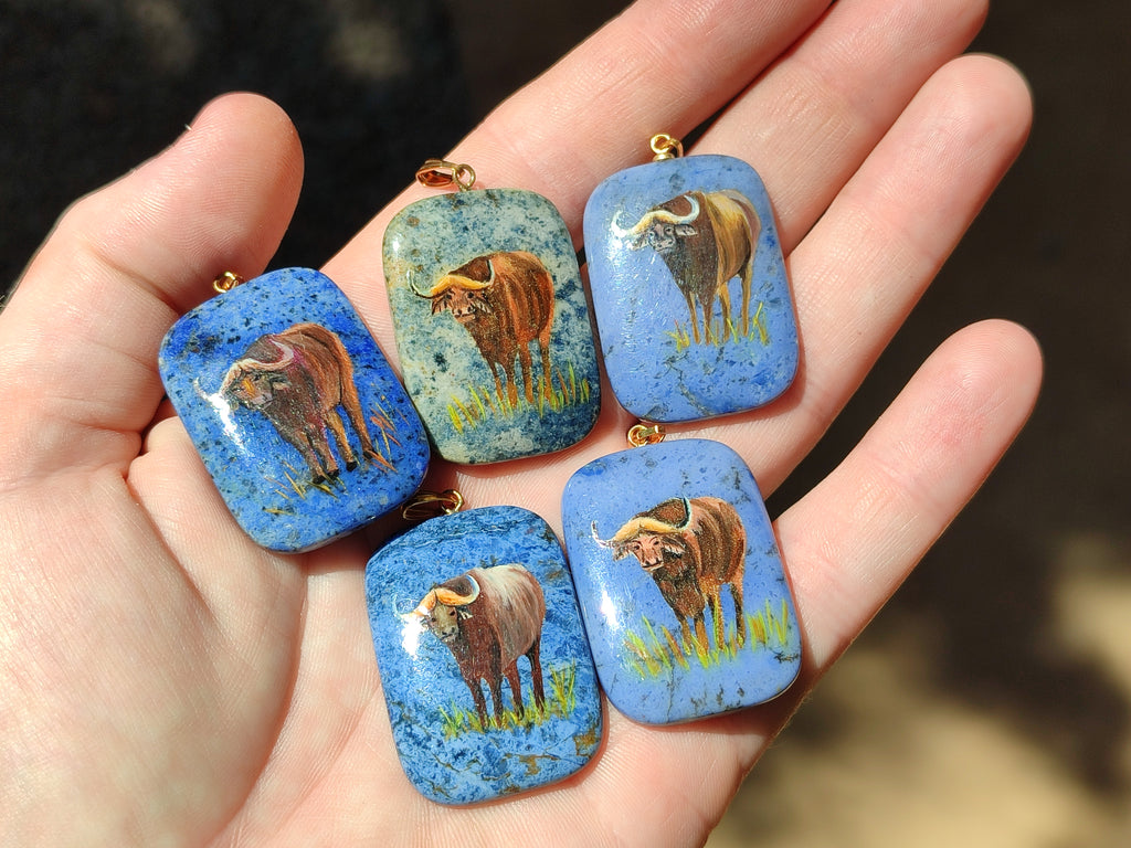Polished Dumortierite Pendants with Hand Painted Buffalo - sold per item - From Mozambique - Toprock Gemstones and Minerals 