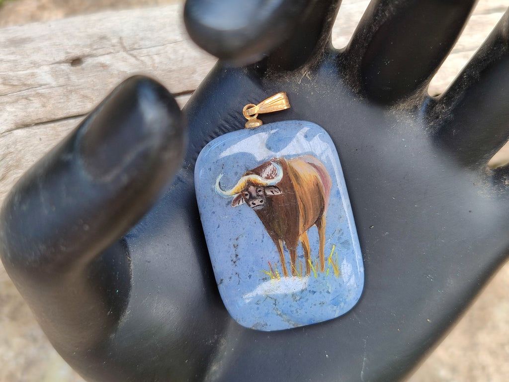 Polished Dumortierite Pendants with Hand Painted Buffalo - sold per item - From Mozambique - Toprock Gemstones and Minerals 
