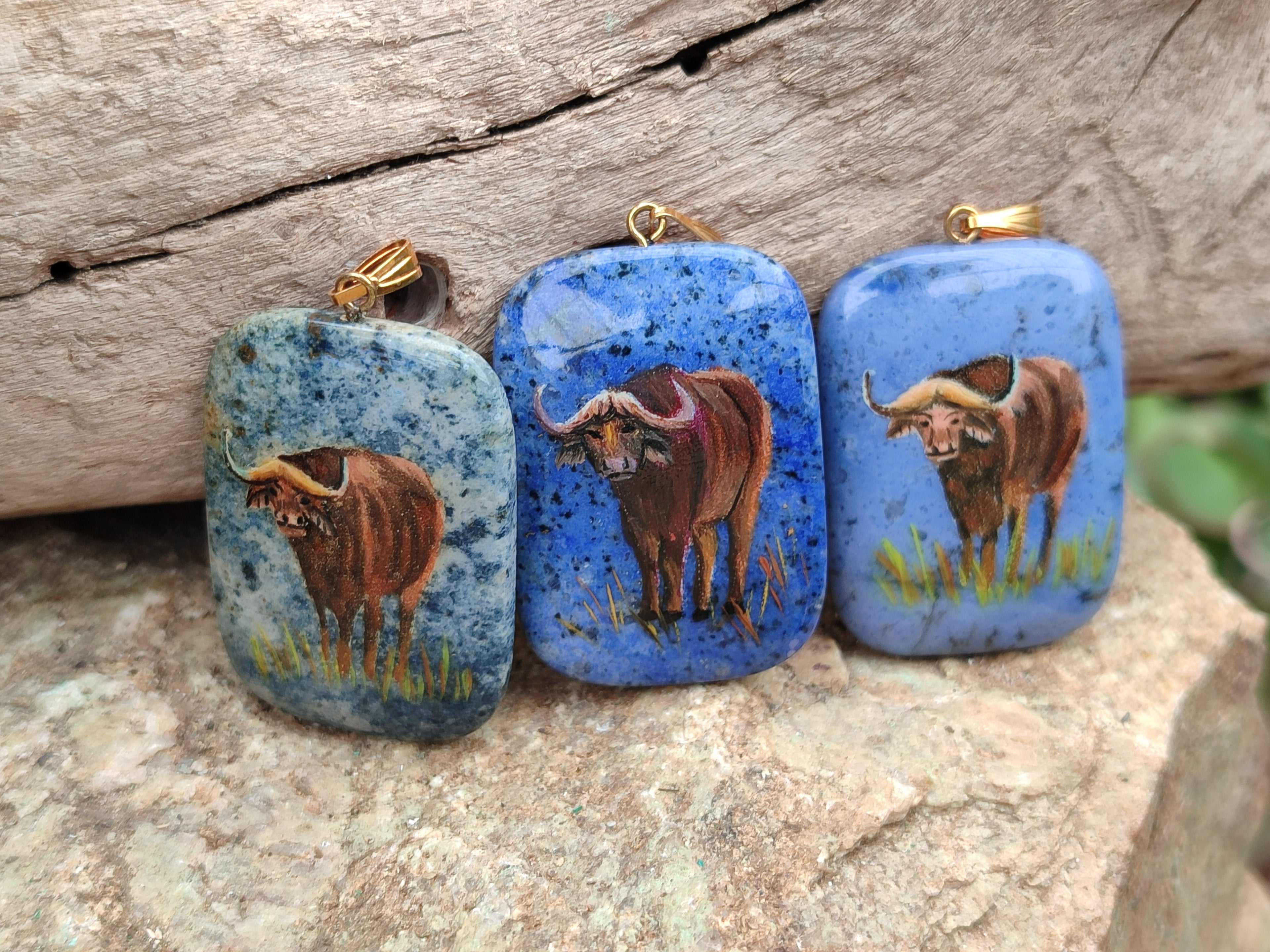 Polished Dumortierite Pendants with Hand Painted Buffalo - sold per item - From Mozambique - Toprock Gemstones and Minerals 