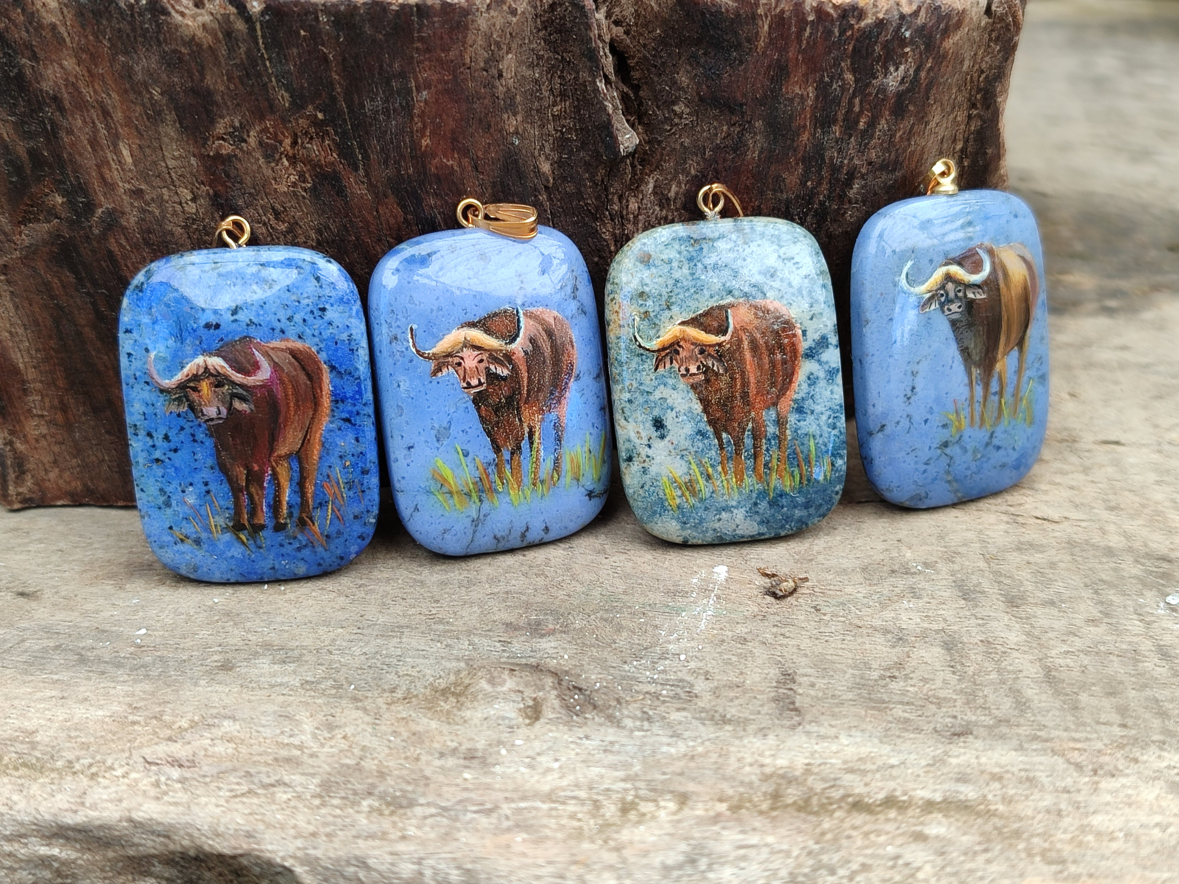 Polished Dumortierite Pendants with Hand Painted Buffalo - sold per item - From Mozambique - Toprock Gemstones and Minerals 
