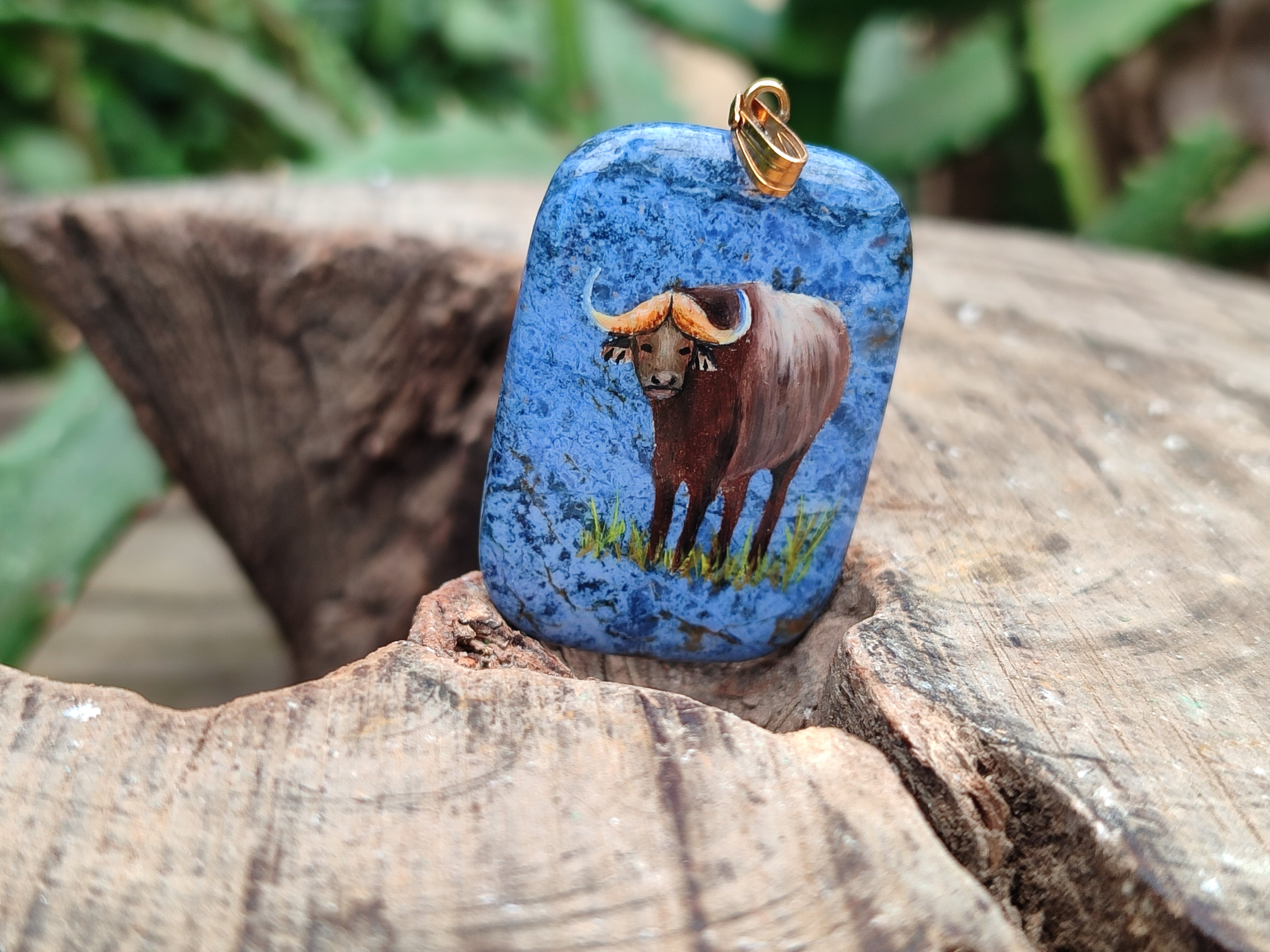 Polished Dumortierite Pendants with Hand Painted Buffalo - sold per item - From Mozambique - Toprock Gemstones and Minerals 