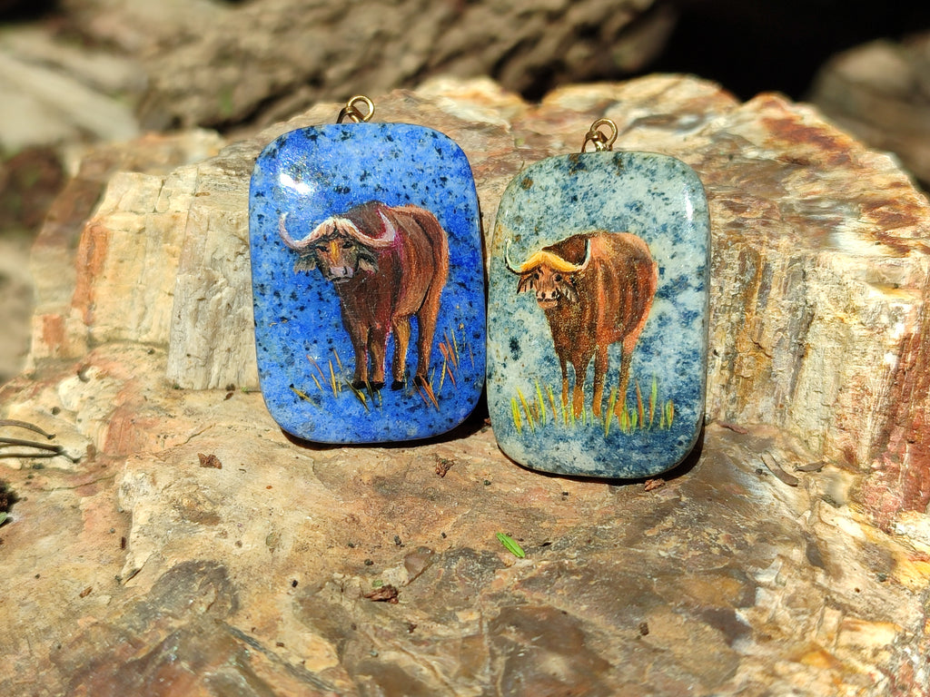 Polished Dumortierite Pendants with Hand Painted Buffalo - sold per item - From Mozambique - Toprock Gemstones and Minerals 