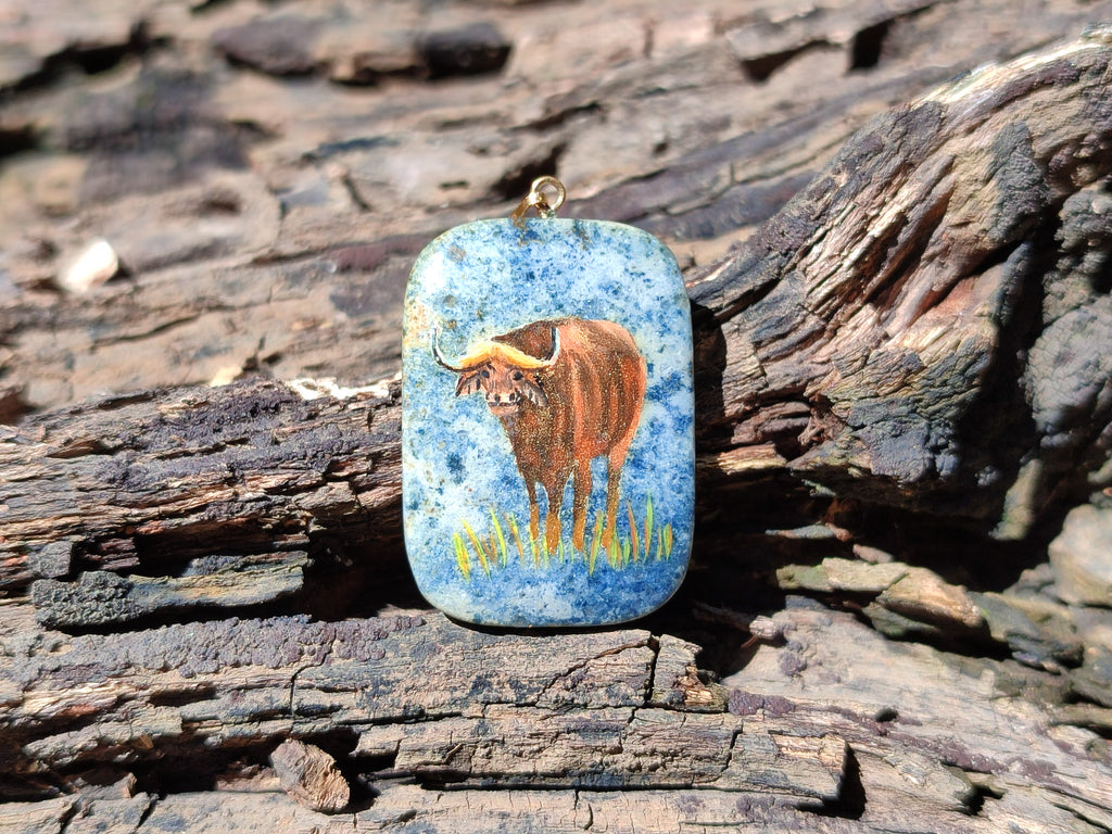 Polished Dumortierite Pendants with Hand Painted Buffalo - sold per item - From Mozambique - Toprock Gemstones and Minerals 