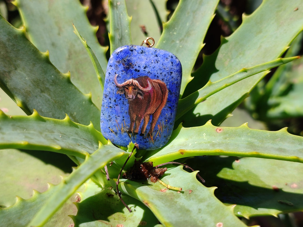 Polished Dumortierite Pendants with Hand Painted Buffalo - sold per item - From Mozambique - Toprock Gemstones and Minerals 