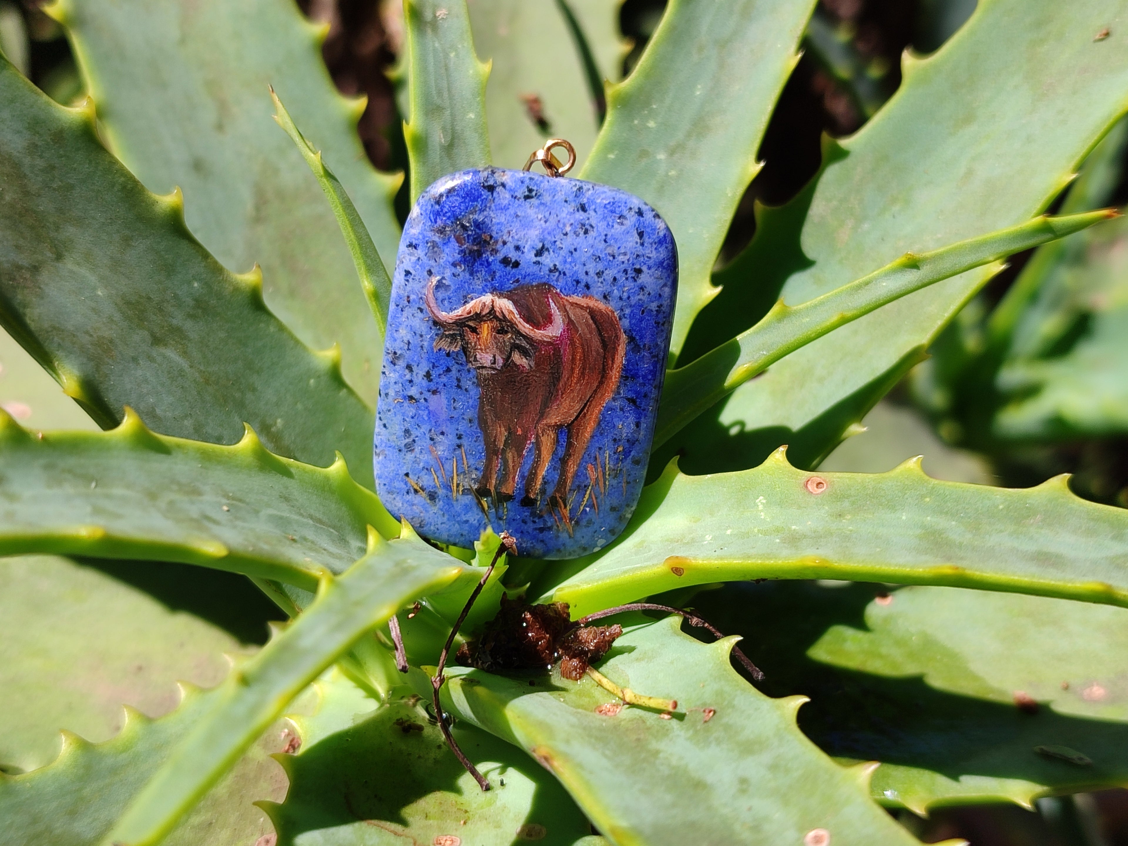Polished Dumortierite Pendants with Hand Painted Buffalo - sold per item - From Mozambique - Toprock Gemstones and Minerals 